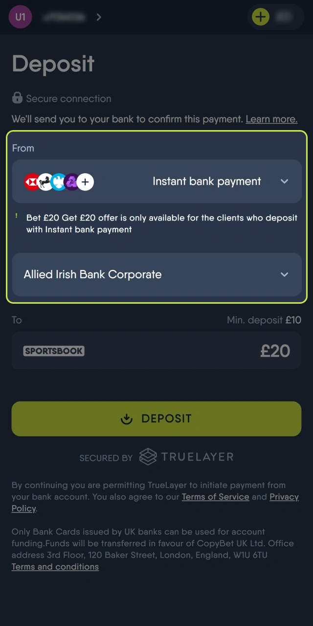 Choose a convenient payment method to deposit to CopyBet.