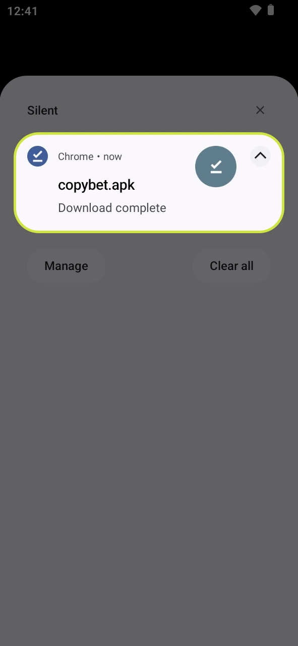 Open the downloaded installer file for the Copybet Android app.