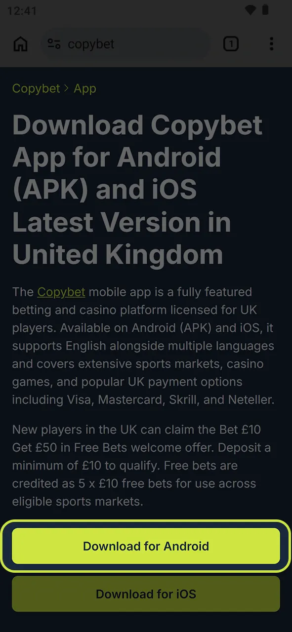 Click the download link to get the Copybet Android app.