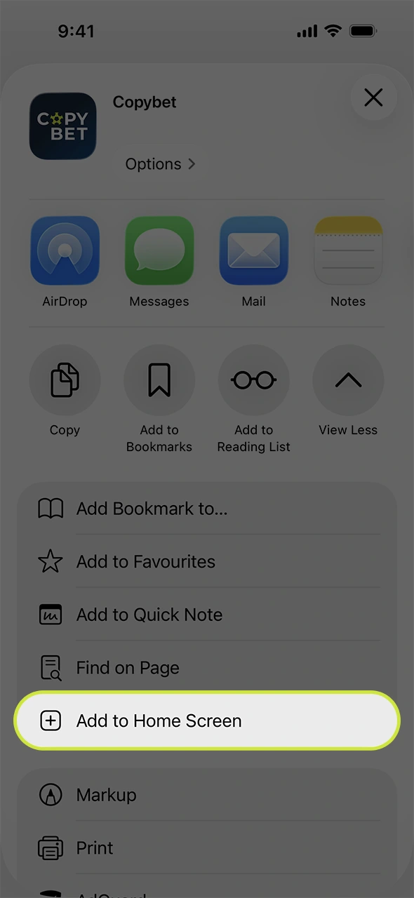 Save a quick shortcut to access the Copybet iOS app.