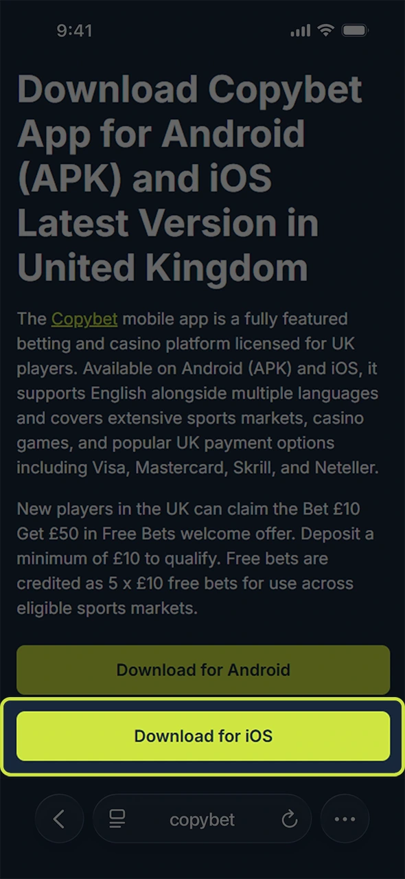 Press the download button to begin loading the Copybet iOS app.