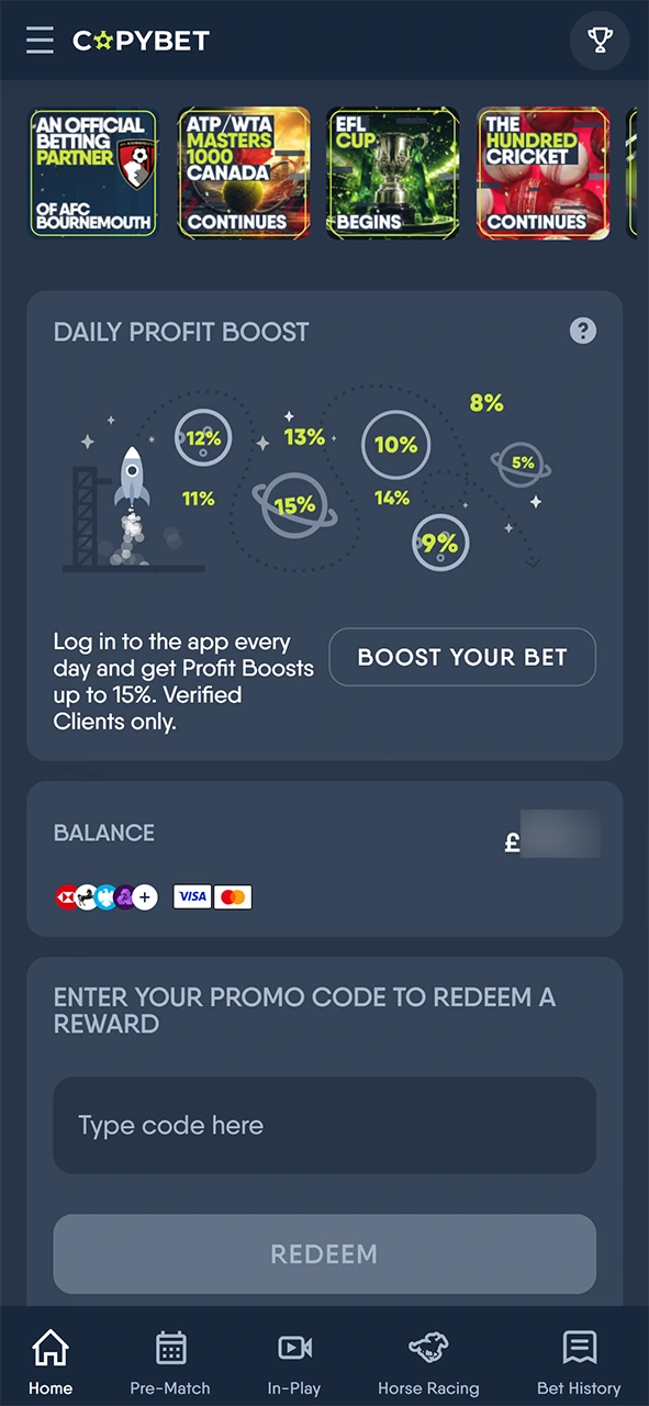 Start betting directly from the main interface of the Copybet app.