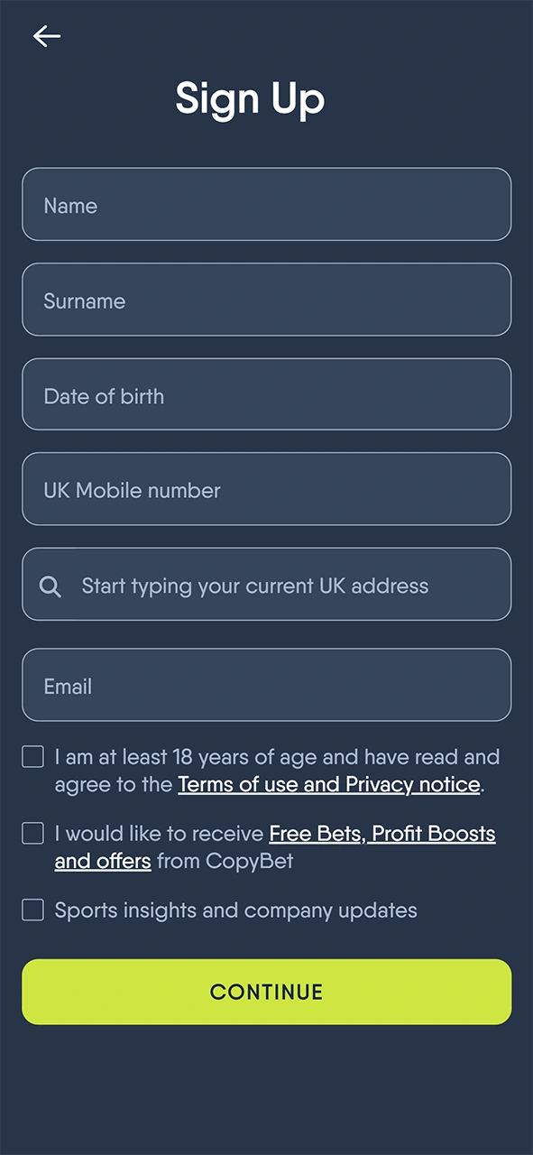 Create an account through the signup interface on the Copybet app.