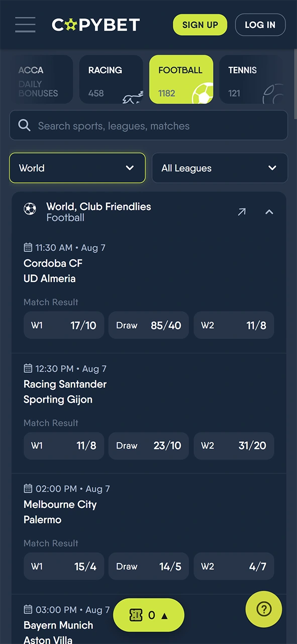 Place wagers on various events using the Copybet app sports interface.