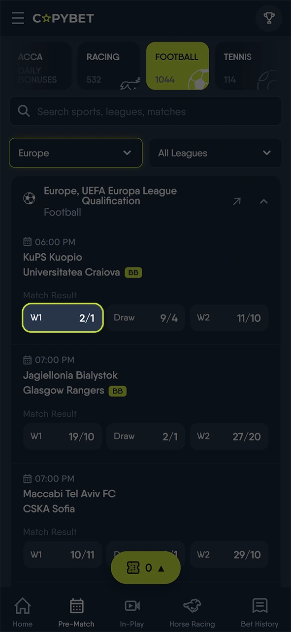 Decide on a specific outcome for your bet through Copybet.