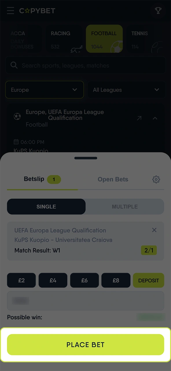 Finalize your selections to submit the active bet on Copybet.