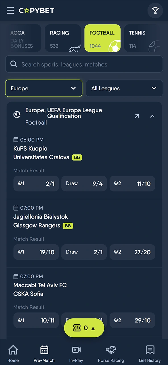 Pick a preferred match to formulate your bet at Copybet.