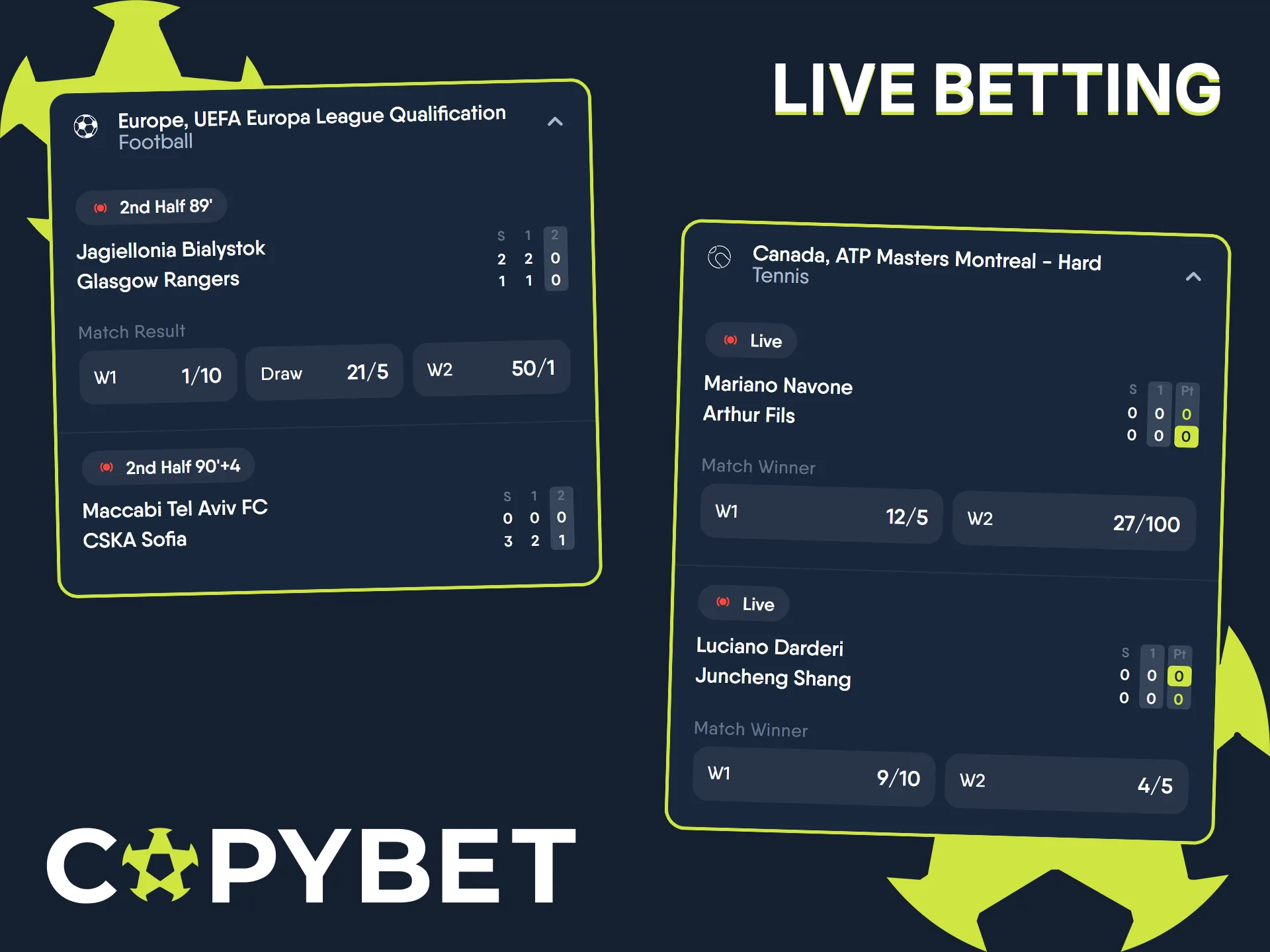 Experience real-time thrills by making in-play predictions through the Copybet platform.